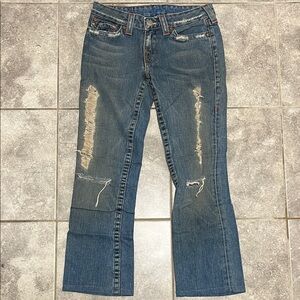 True Religion Dark Blue Distressed Straight Leg Jeans Woman size 28 measures 30